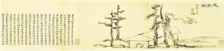 세한도 그림(제주도 유배 시절에 ‘세한송백(歲寒松柏) ― 날이 차가워진 다음에야 소나무, 잣나무의 푸르름을 안다. 즉 역경과 시련을 겪어야 선비의 지조(志操)와 기개(氣槪)가 더욱 빛난다’는 옛 글에 자신의 처지를 빗대어 그린 그림)